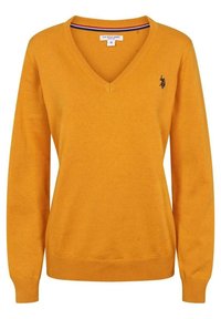 Senapsgul V-ringad tröja i mjukt material, med långa ärmar, ribbade mudd och en liten broderad logotyp p å bröstet.