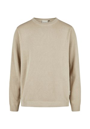 Beige Strickpullover mit Rundhalsausschnitt, langen Ärmeln, strukturiertem Muster und gerippten Bündchen und Saum. Dezentes Markenetikett am unteren Rand.