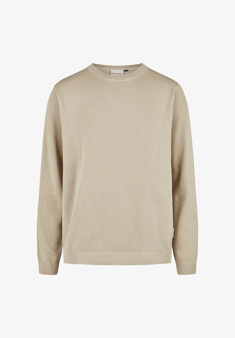 Beige knit sweater with a round neckline, long sleeves, textured pattern, and ribbed cuffs and hem. Subtle brand label at the bottom.