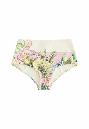 Hochgeschnittene Bikinihosen mit floralen Mustern in Pastellfarben. Hergestellt aus glattem Stoff, mit einem weichen Innenfutter und elastischem Taillenbund.