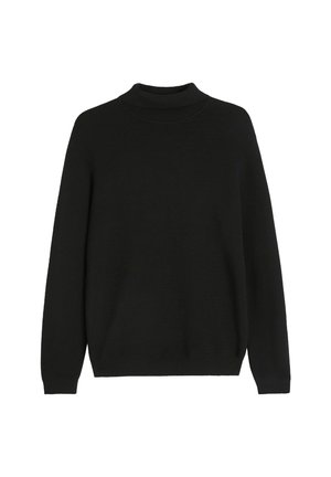 Czarny sweter z długim rękawem, wysokim kołnierzem oraz prążkowanymi ściągaczami na mankietach i u dołu, prezentowany na jednolitym białym tle.