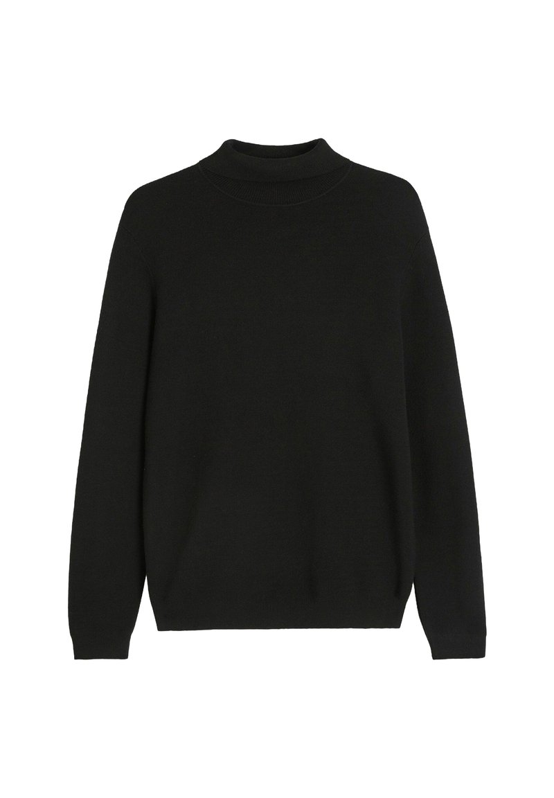 Czarny sweter z długim rękawem, wysokim kołnierzem oraz prążkowanymi ściągaczami na mankietach i u dołu, prezentowany na jednolitym białym tle.