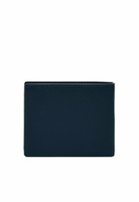 Dark blue leather wallet featuring a textured surface, stitched edges, and a rectangular shape. Compact and minimalist design.