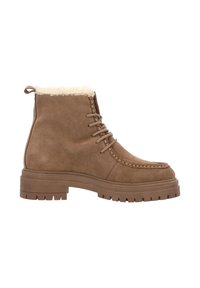 Brązowe zamszowe botki za kostkę z kołnierzem z owczej wełny, z sznurówkami, okrągłym noskiem i masywną, ryflowaną podeszwą zapewniającą przyczepność.