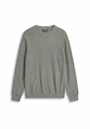Maglione grigio chiaro a girocollo, lavorato a maglia, con maniche lunghe e polsini e orlo a coste, disteso su uno sfondo bianco.