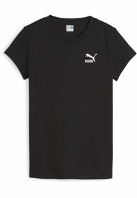 Melnā ribota T-kreklā ar īsām piedurknēm. Ar baltu Puma logotipu kreisajā krūtīs. Apaļa kakla izgriezums. Mīksta tekstūra.