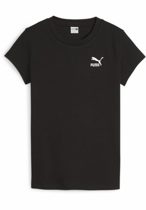 Zwarte geribde T-shirt met korte mouwen. Heeft een wit Puma-logo op de linker borst. Ronde halslijn. Zachte textuur.
