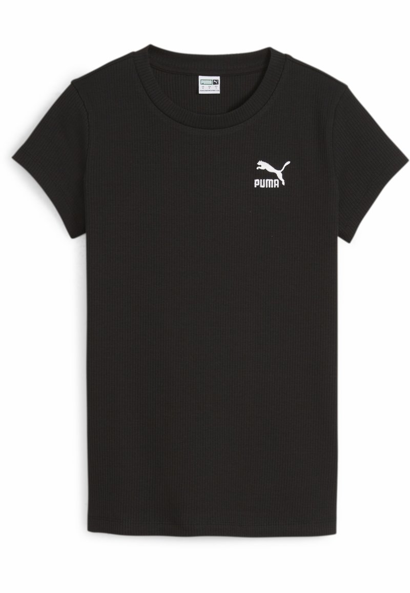 Melnā ribota T-kreklā ar īsām piedurknēm. Ar baltu Puma logotipu kreisajā krūtīs. Apaļa kakla izgriezums. Mīksta tekstūra.