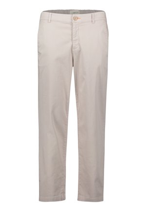 Beige Baumwollhosen mit geradem Bein, ausgestattet mit einem Knopfverschluss, Gürtelschlaufen und einer glatten Textur. Schlichte, klare Linien.