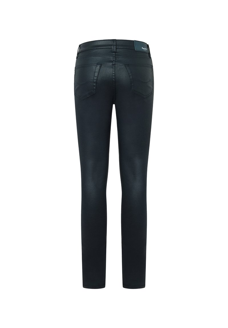 Zwarte skinny jeans met een gladde textuur, voorzien van twee achterzakken en een logotag op de tailleband. Strak aansluitend ontwerp.
