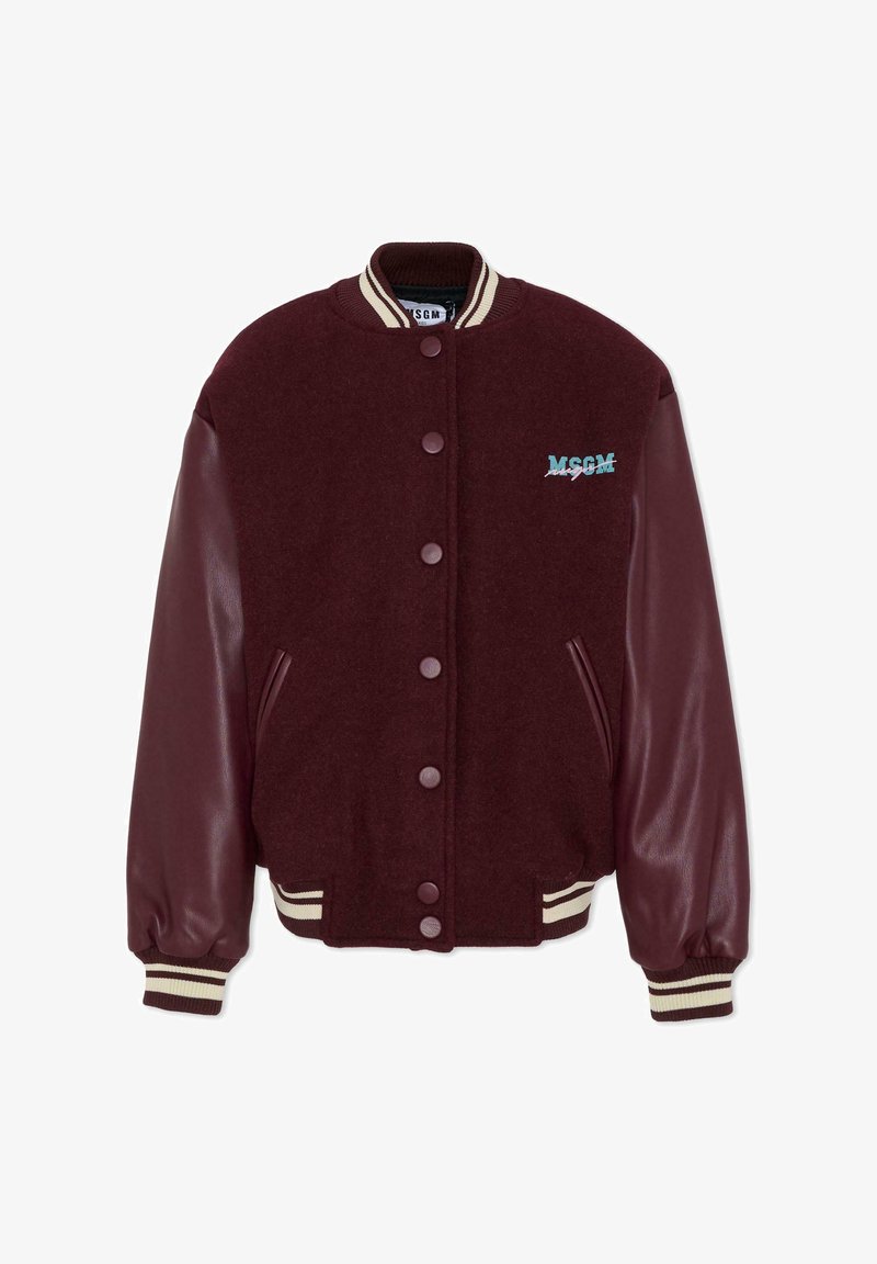Burgundowa kurtka varsity z wełnianym korpusem, skórzanymi rękawami, ściągaczami przy mankietach i kołnierzu, z turkusowym logo "MSGM" na piersi.