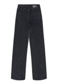 Black denim jeans with a straight leg design, featuring two back pockets and a standard waistband. Smooth texture, minimal stitching details.