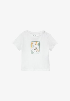 Witte kortek mouw t-shirt van katoen, met een kleurrijke dierenprintgrafiek van een luipaard en een zebra. Knopenaccenten op de schouder.
