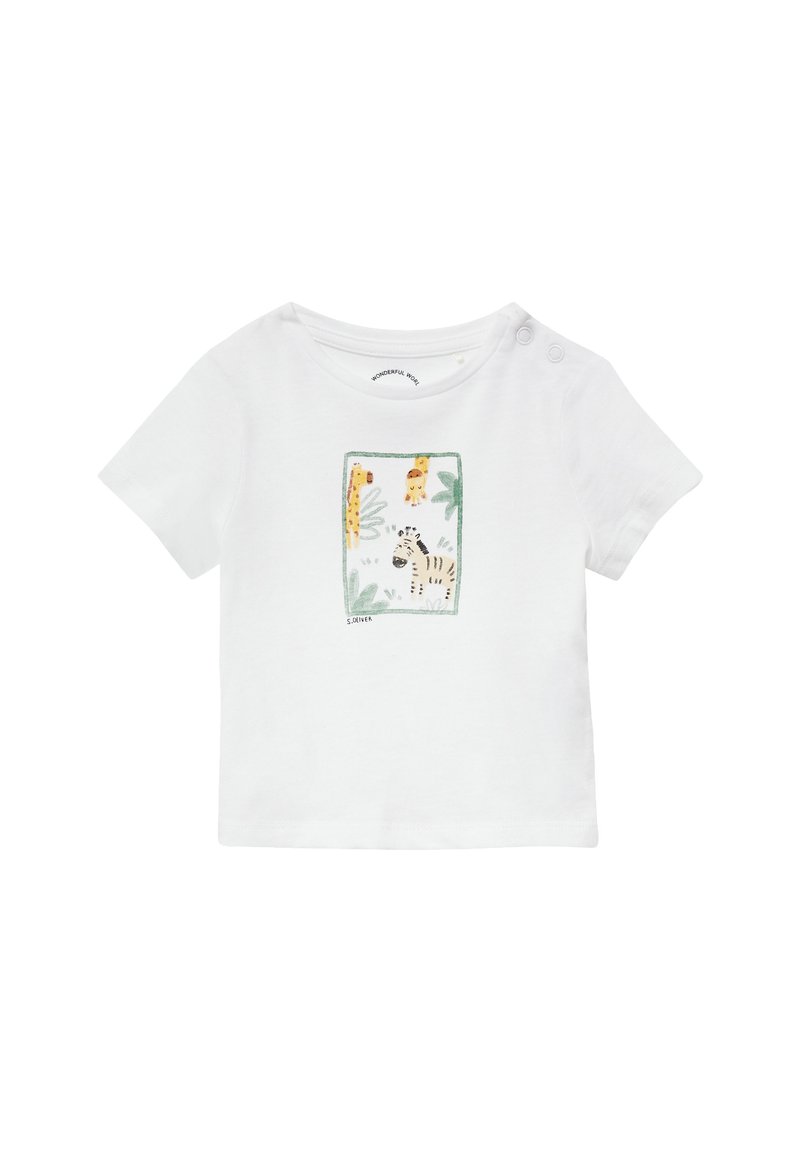 Witte kortek mouw t-shirt van katoen, met een kleurrijke dierenprintgrafiek van een luipaard en een zebra. Knopenaccenten op de schouder.