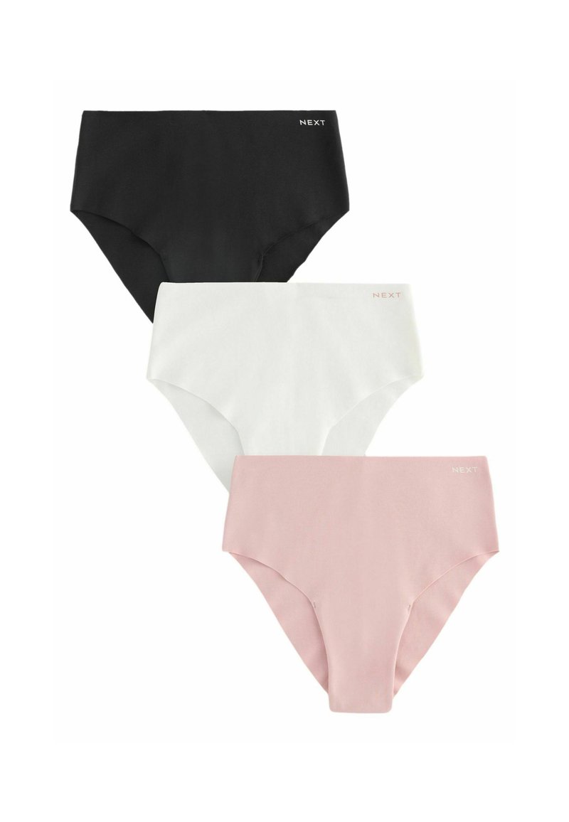 Trois paires de culottes taille haute en noir, blanc et rose clair. Fabriquées en tissu doux avec le nom de la marque "NEXT" en impression discrète.