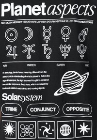 Black t-shirt featuring white print of planetary symbols, astrological categories, and the words "Planet aspects" and "Solar system."