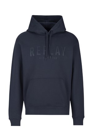 Marineblauwe hoodie met een voorzak, capuchon met trekkoord en verhoogde tekst "REPLAY EIGHTONE". Gemaakt van zachte, gestructureerde stof.