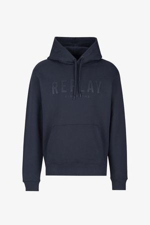 Marineblauwe hoodie met een voorzak, capuchon met trekkoord en verhoogde tekst "REPLAY EIGHTONE". Gemaakt van zachte, gestructureerde stof.