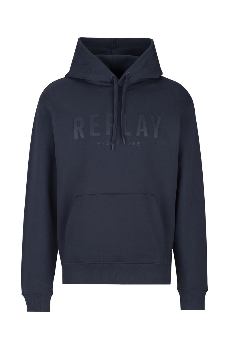 Marineblauwe hoodie met een voorzak, capuchon met trekkoord en verhoogde tekst "REPLAY EIGHTONE". Gemaakt van zachte, gestructureerde stof.