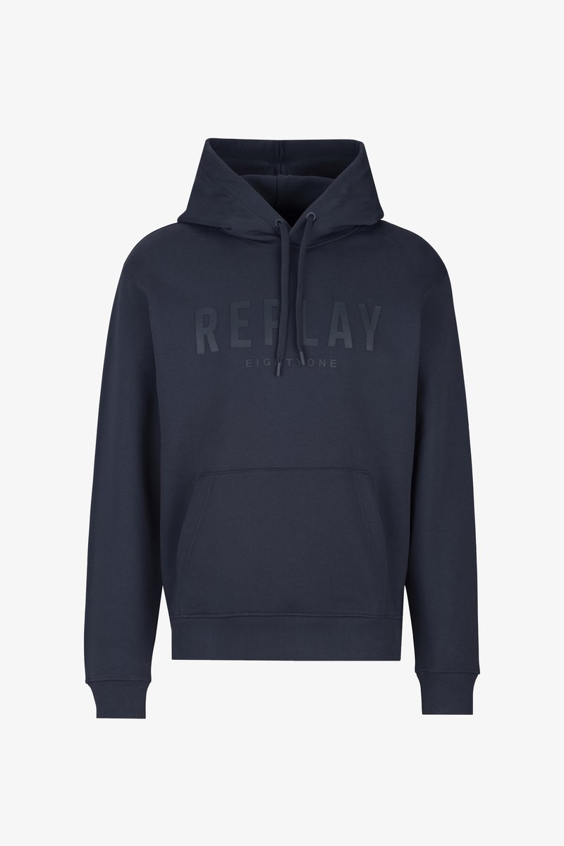 Dunkelblaues Hoodie mit einer vorderen Kängurutasche, einem verstellbaren Kapuzenzug und erhabenem Text "REPLAY EIGHTONE". Hergestellt aus weichem, strukturiertem Stoff.