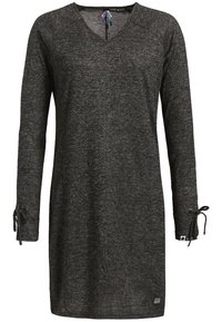 Dunkelgraues langärmliges Kleid mit V-Ausschnitt, abgerundetem Saum und verstellbaren Bindebändern an den Ärmeln. Aus strukturiertem Strickstoff gefertigt.