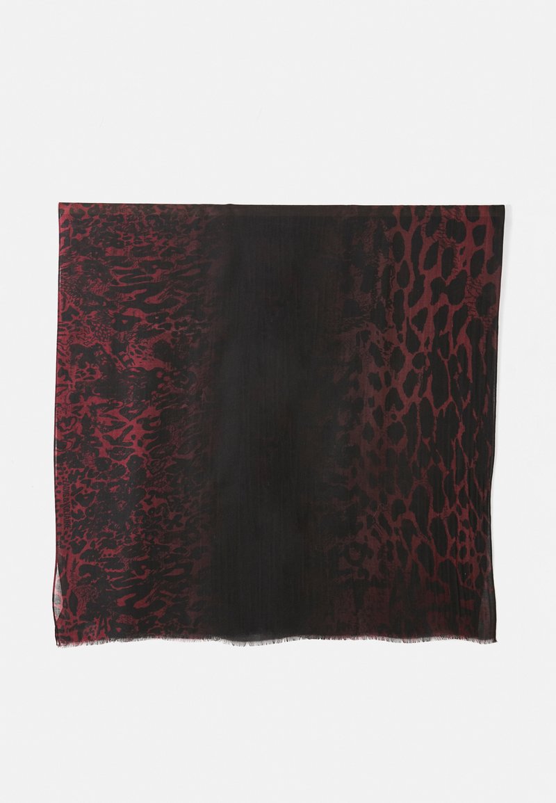Sheer scarf with a gradient design, transitioning from dark red to black, featuring a leopard print pattern on one side. Edges are lightly frayed.