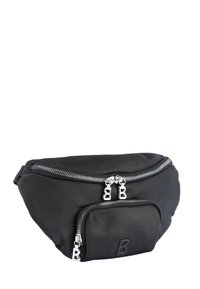 Marsupio nero in nylon con due compartimenti con cerniera, con hardware argentato e logo "B" in rilievo. Texture liscia e forma curvata.