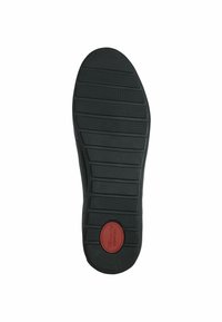 Schwarze Gummisohle mit einem strukturierten Design und horizontalen sowie vertikalen Rillen. Roter runder Akzent mit dem Aufdruck "COMFORT". Größe 37.