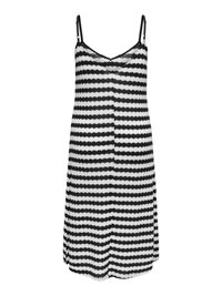 Robe sans manches à rayures horizontales noires et blanches avec fines bretelles réglables et décolleté en V.