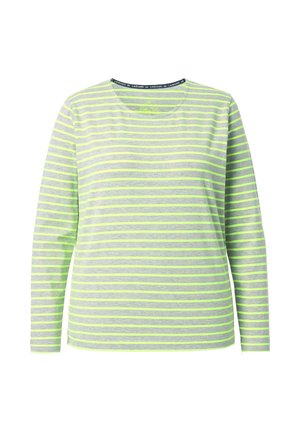 Vaaleanharmaa pitkähihainen paita keltavihrein vaakaraitoin. Pyöreä pääntie, jossa musta etiketti kauluksessa. Pehmeää puuvillamateriaalia.