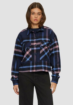 Navy and pink plaid button-up jacket with a collar, two chest pockets, and long sleeves. Made of textured fabric with a boxy fit.