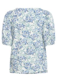 Blusa blanca con estampado floral en azul claro y verde, mangas cortas abullonadas y escote cuadrado, vista desde atrás.