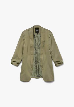 Maslinasto zeleni sako s podvrnutim rukavima, otvorenom prednjom stranom i satenskim oblogom. Jednostavan dizajn i glatka tekstura, pogodna za slojevanje.