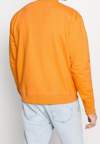 Orange sweatshirt med rund halsringning och ribbade muddarna. Mjuk textur och en avslappnad passform, lager på lager över jeans.