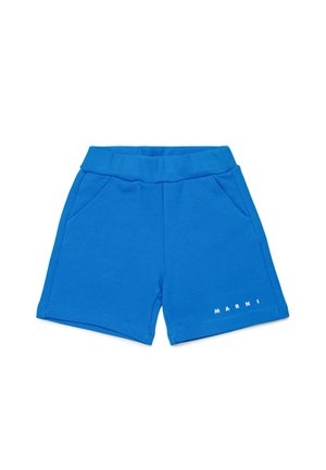 Pantaloncini blu con fascia elastica in vita, tasche frontali e logo bianco "MARNI" sulla parte inferiore della gamba destra.