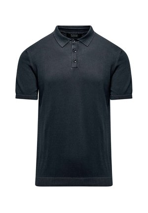 Ciemnoszary polo z miękkiego materiału dzianinowego, z kołnierzykiem, krótkimi rękawami, zapięciem na trzy guziki oraz ściągaczem u dołu.
