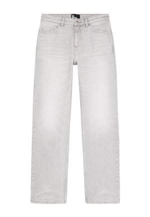 Lichtgrijze rechte jeans met een voorknoop, rits, riemlussen, twee voorzakken en vervaagde details.