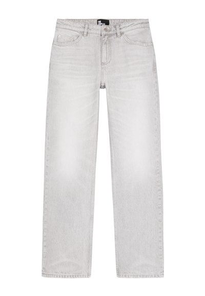 Jeans rectos de color gris claro con botón frontal, cremallera, trabillas para cinturón, dos bolsillos delanteros y detalles desgastados.