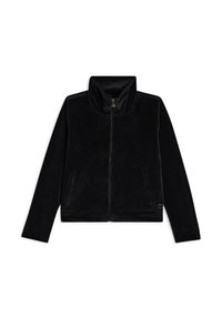 Giacca nera con zip realizzata in un tessuto morbido, dotata di un colletto alto, tasche laterali e un accento di logo circolare vicino all'orlo.