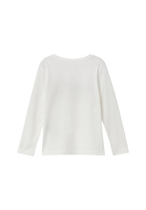 Ein einfaches, weißes Longsleeve-T-Shirt, von hinten gezeigt, mit rundem Ausschnitt und schlichtem, unverziertem Design.