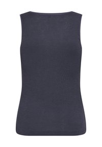 Ærmeløs, tætsiddende tanktop i mørk navy stof med en glat tekstur; har en rund halsudskæring og ren syning rundt om kanterne.