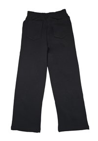 Pantaloni della tuta neri con una vita elasticizzata, due tasche posteriori e una vestibilità comoda. Il tessuto sembra morbido con un finish opaco.