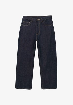Pantalon en denim bleu foncé à coupe ample, avec des coutures dorées, une fermeture avant par boutons, et deux poches latérales.