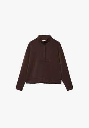 Smeđi pulover s visokim ovratnikom, polu-zip prednjim dijelom, širokim rukavima i skraćenim rubom. Izrađen od mekog materijala s glatkom teksturom.