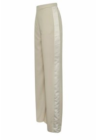 Pantalons large crème avec un panneau latéral en satin lisse. Dotés d'une taille haute et d'une texture douce, offrant une coupe décontractée et un design distinctif.