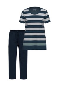 Pasiasty tunika z okrągłym dekoltem w kolorze granatowym i szarym, połączona z jednolitymi granatowymi spodniami z elastycznym paskiem i sznurkiem.