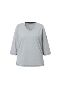 Pullover grigio con scollatura rotonda, maniche a tre quarti e pattern testurizzato. Presenta aperture laterali all'orlo per facilitare i movimenti.