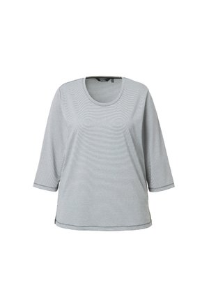 Suéter gris con cuello redondo, mangas tres cuartos y un patrón texturizado. Presenta aberturas laterales en el dobladillo para facilitar el movimiento.