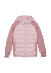 Giacca con cappuccio imbottita in rosa chiaro con maniche a contrasto. Presenta una chiusura a zip completa, tasche laterali e polsini a coste per il comfort.