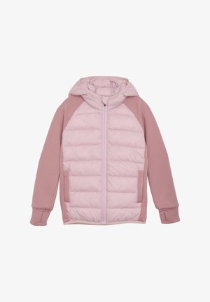 Gevoerde hooded jack in lichtroze met contrasterende mouwen. Voorzien van een volledige rits, zijzakken en ribgebreide manchetten voor extra comfort.